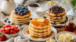 A bright breakfast table with stacks of fluffy pancakes, blueberries, banana slices, chocolate chips, syrup, and fresh toppings.