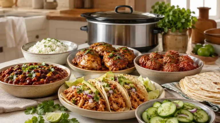 Slow cooker dinner spread with shredded chicken tacos, saucy chicken, meatballs, chili, rice, tortillas, and fresh sides.
