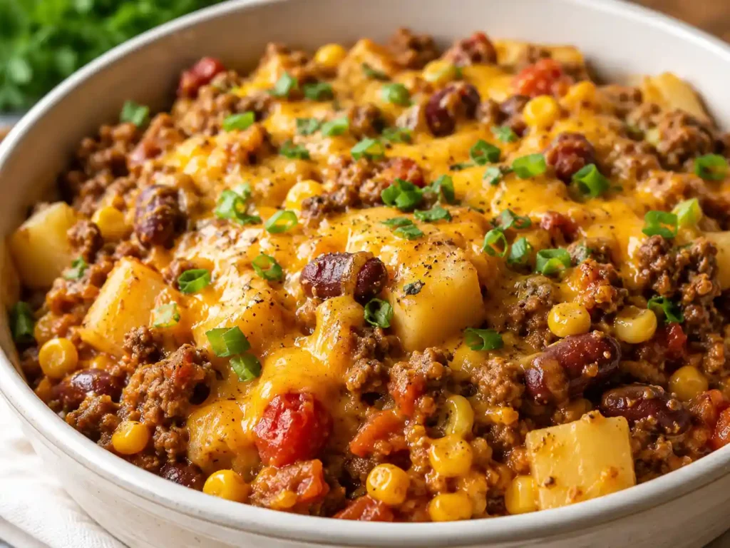Close-up of slow cooker cowboy casserole with ground beef, tender potatoes, beans, corn, tomatoes, melted cheese, and green onions.