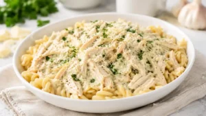 Creamy garlic parmesan chicken served over pasta with parmesan, parsley, and a rich sauce in a white bowl.