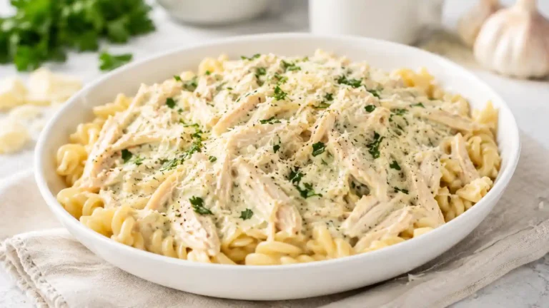 Creamy garlic parmesan chicken served over pasta with parmesan, parsley, and a rich sauce in a white bowl.