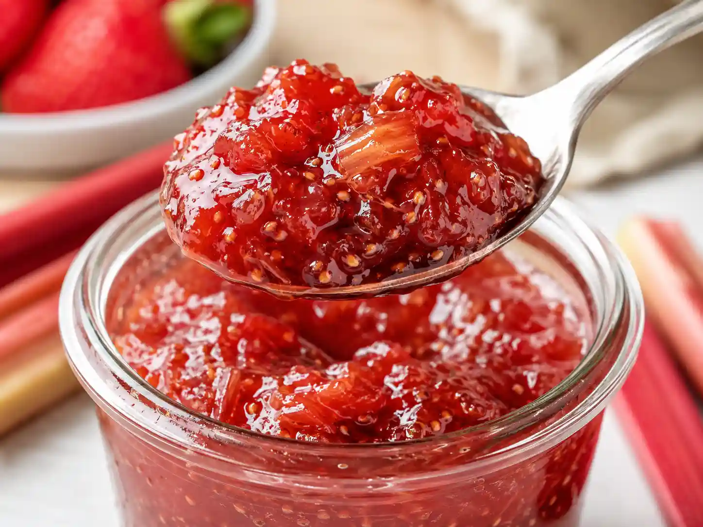 Close-up of glossy strawberry rhubarb jam on a spoon showing thick spreadable texture.