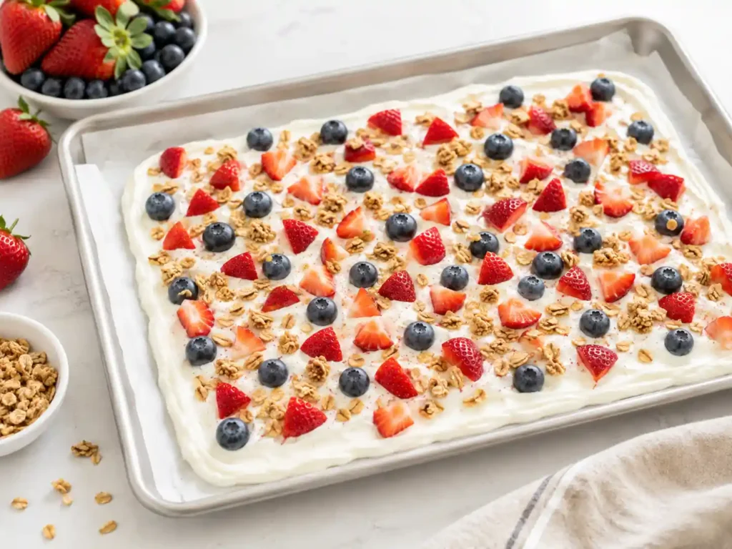 Greek yogurt spread on parchment paper with strawberries, blueberries, and granola before freezing