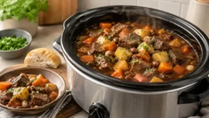Slow cooker dinner with tender beef, carrots, potatoes, beans, and fresh herbs on a kitchen counter.