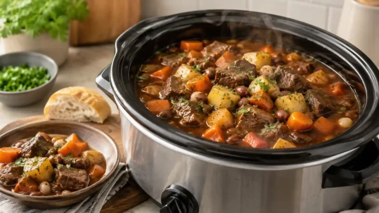 Slow cooker dinner with tender beef, carrots, potatoes, beans, and fresh herbs on a kitchen counter.