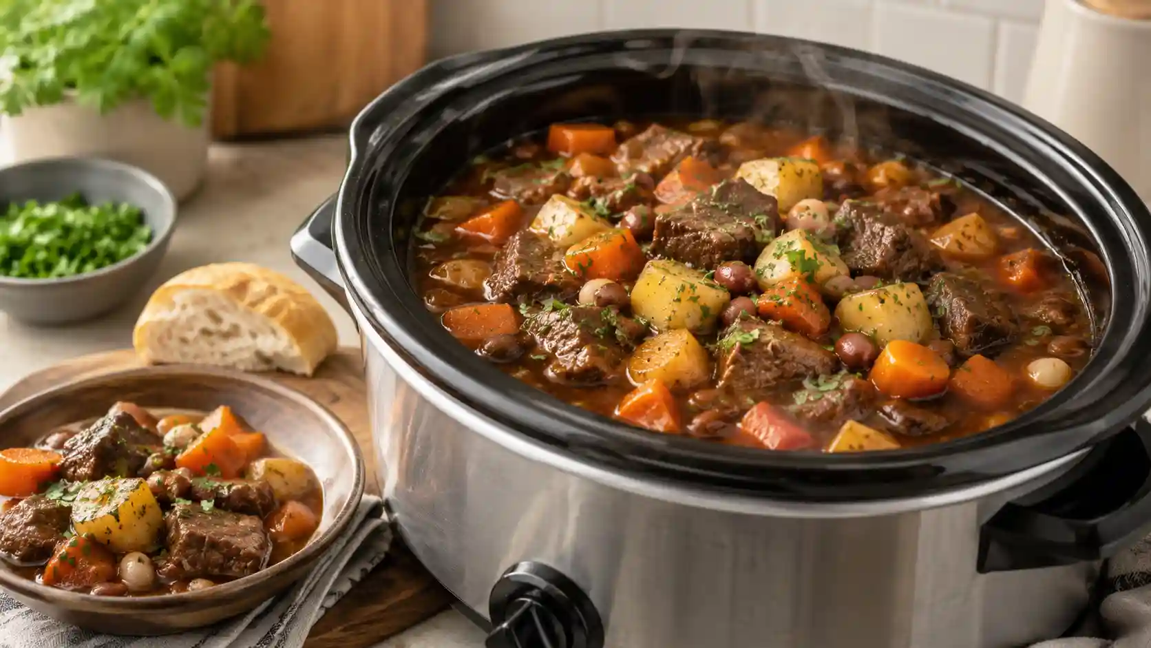 Slow cooker dinner with tender beef, carrots, potatoes, beans, and fresh herbs on a kitchen counter.