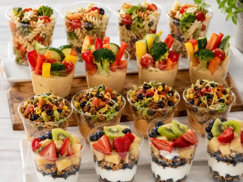 Appetizer cups with pasta salad, veggie dip cups, hummus cups, fruit cups, and Greek salad cups

