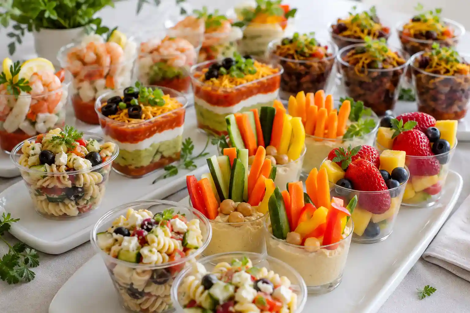 Appetizer cups for parties with pasta salad, hummus vegetables, fruit, shrimp, and taco-style cups