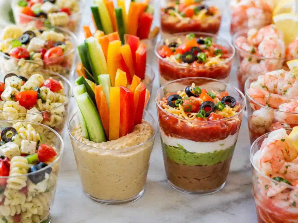 Appetizer cups with pasta salad, hummus vegetables, layered dip, salsa, and chilled shrimp