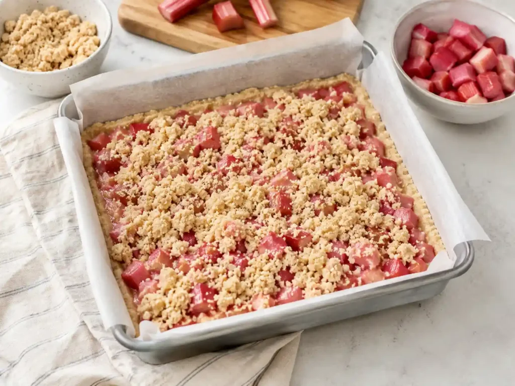 Rhubarb bars being assembled in a parchment-lined pan with crust, pink rhubarb filling, and crumb topping.