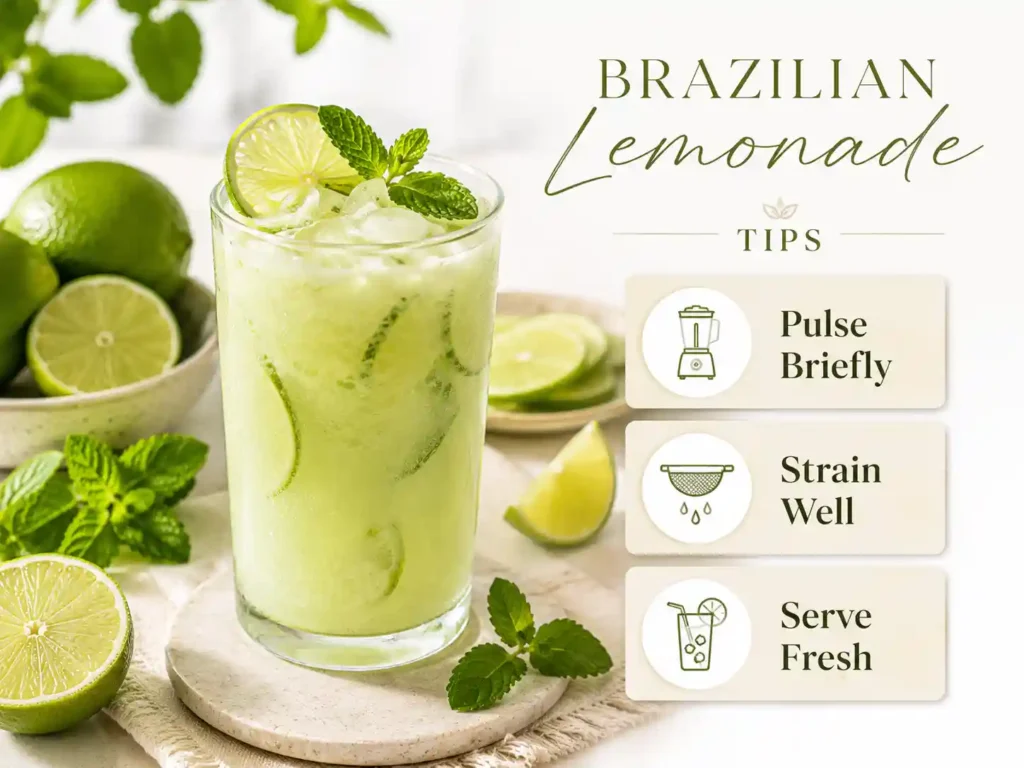 Visual tips for avoiding bitter Brazilian lemonade, including pulse briefly, strain well, and serve fresh.