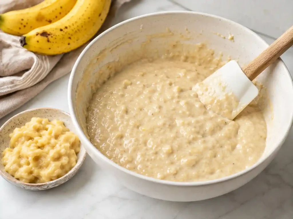 Banana pancake batter in a mixing bowl with small lumps showing the correct texture before cooking.
