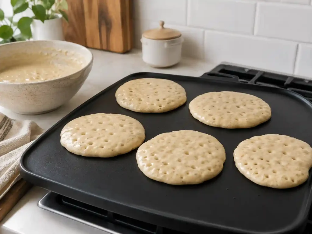 Banana pancakes cooking on a griddle with bubbles on the surface and set edges before flipping.