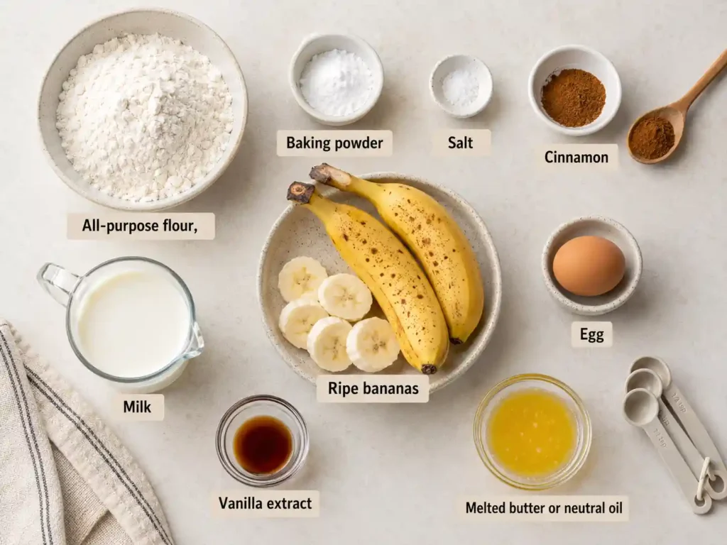 Labeled ingredients for banana pancakes including flour, baking powder, salt, cinnamon, ripe bananas, egg, milk, vanilla, and melted butter.