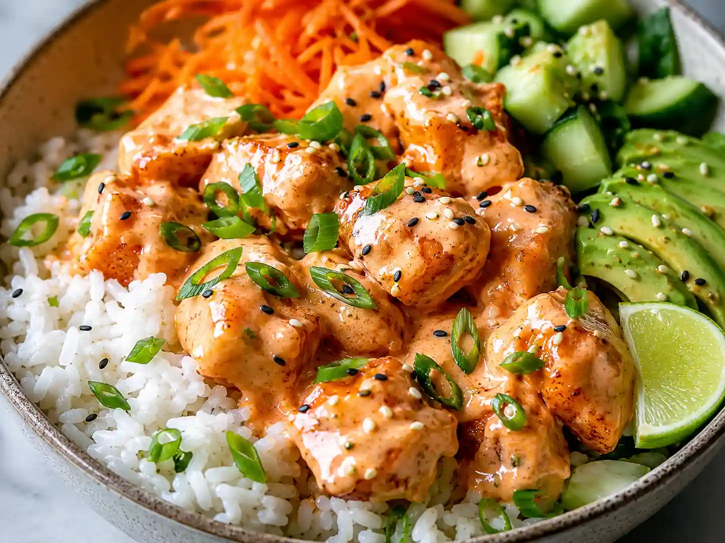 Close-up of Bang Bang Salmon Bowl showing golden salmon bites, creamy bang bang sauce, fluffy rice, cucumber, avocado, carrot, green onions, sesame seeds, and lime