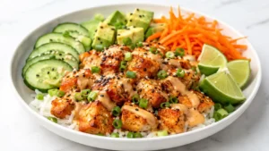 Bang Bang Salmon Bowl with salmon bites, rice, cucumber, avocado, shredded carrot, green onions, sesame seeds, lime, and creamy bang bang sauce