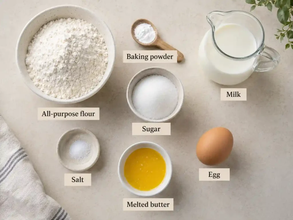 Labeled pancake ingredients including flour, baking powder, sugar, salt, milk, egg, and melted butter arranged on a beige kitchen counter.