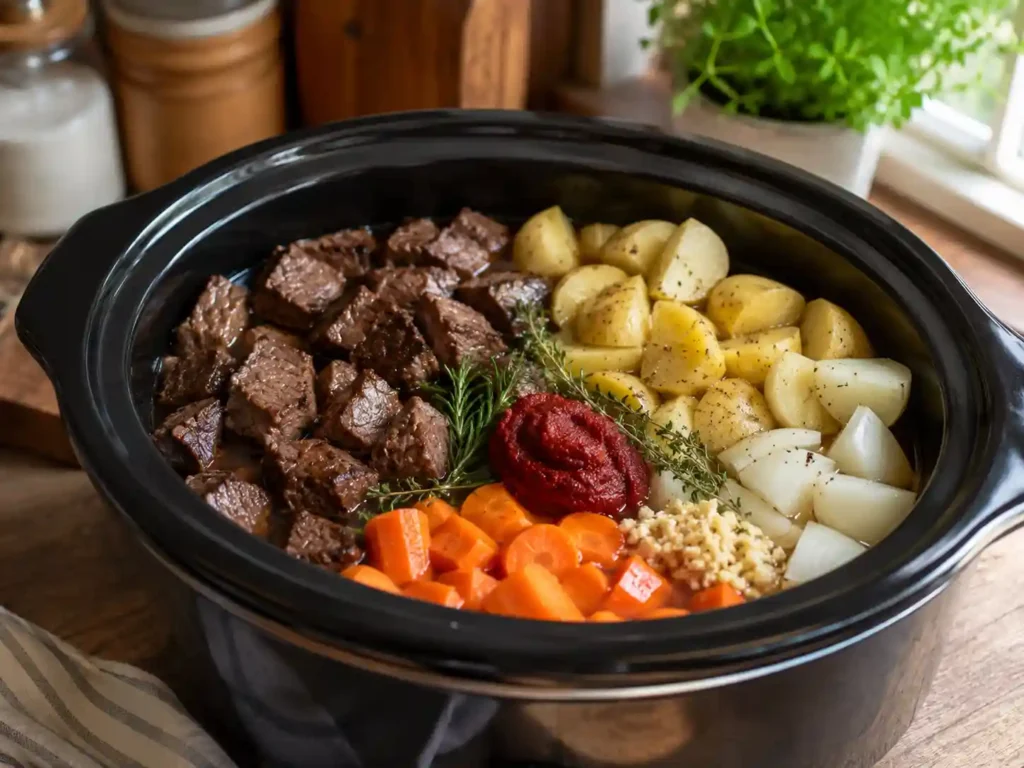 Beef chunks, potatoes, carrots, onion, garlic, herbs, and broth arranged in a slow cooker before cooking.