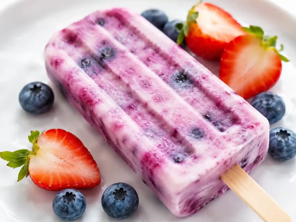 Close-up of a homemade berry yogurt popsicle showing creamy texture, fruit swirls, and tiny frozen berry pieces.