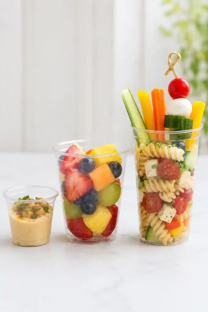 Different appetizer cup sizes filled with dip, fruit, pasta salad, and veggie sticks
