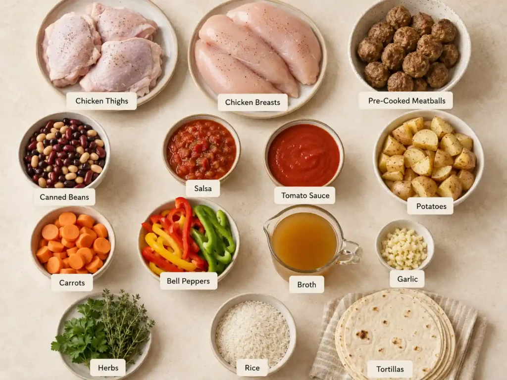 Labeled ingredients for 4 hour crockpot meals, including chicken, meatballs, canned beans, salsa, tomato sauce, potatoes, vegetables, rice, and tortillas.