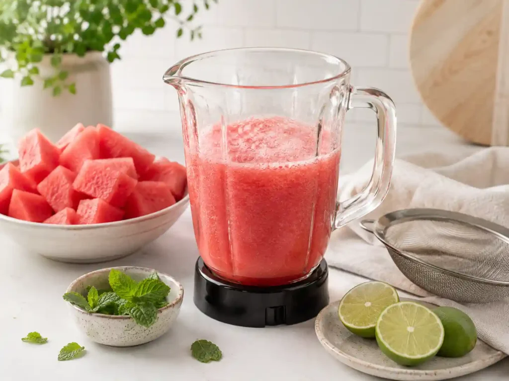 Watermelon cubes blended into a fresh watermelon drink with lime and mint nearby.