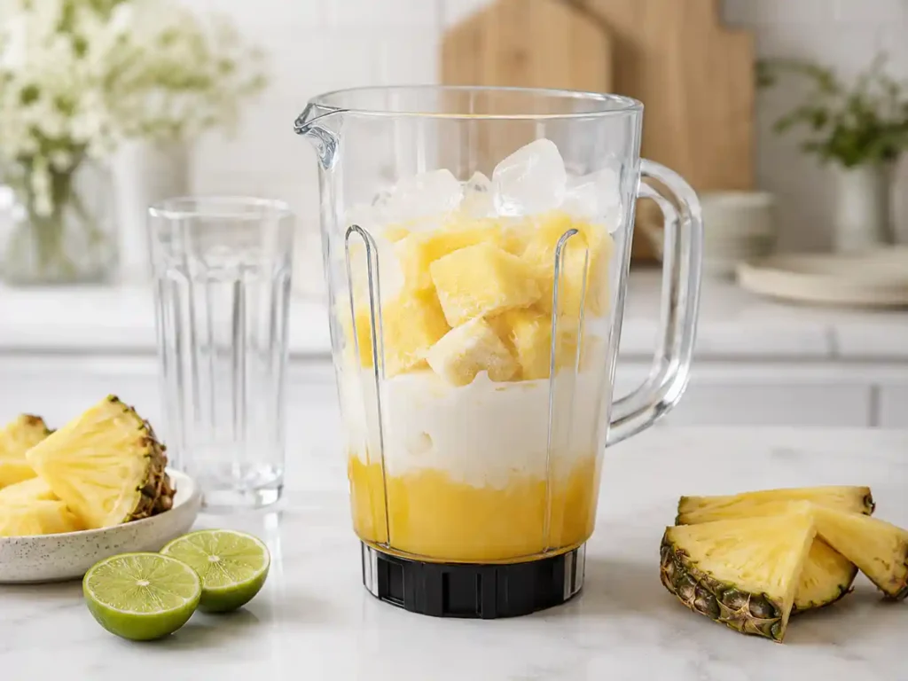 Blender with frozen pineapple, pineapple juice, cream of coconut, and ice for a mocktail