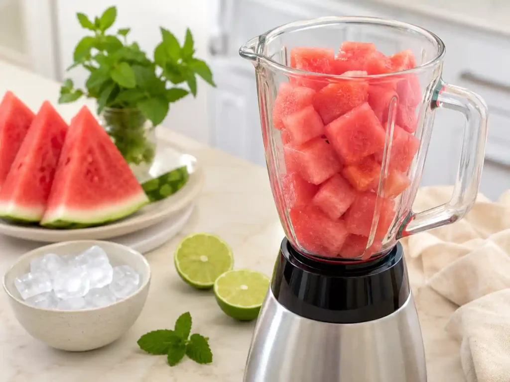 Cubed watermelon blended into fresh watermelon juice in a blender with lime nearby.