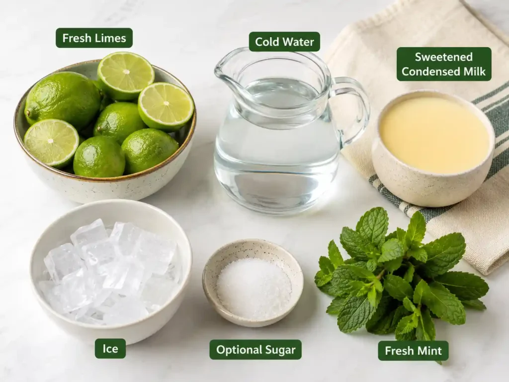 Ingredients for Brazilian lemonade including fresh limes, cold water, sweetened condensed milk, ice, and mint.