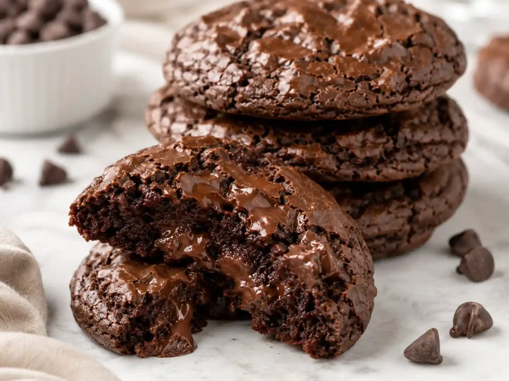 Close-up of a brownie cookie broken open to show a soft fudgy chocolate center.