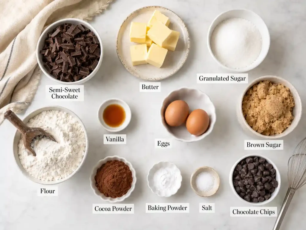 Labeled ingredients for brownie cookies including chocolate, butter, sugars, eggs, vanilla, flour, cocoa powder, baking powder, salt, and chocolate chips.