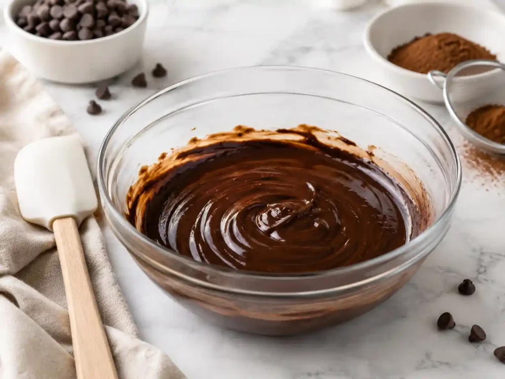 Melted chocolate and butter in a glass bowl for making fudgy brownie cookies.