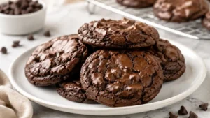 Fudgy brownie cookies with shiny crinkle tops stacked on a white plate with chocolate chips nearby.
