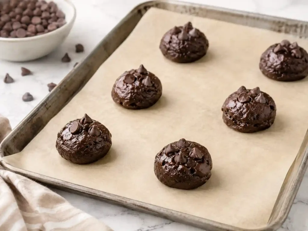 Scooped brownie cookie dough balls on a parchment-lined baking sheet before baking.