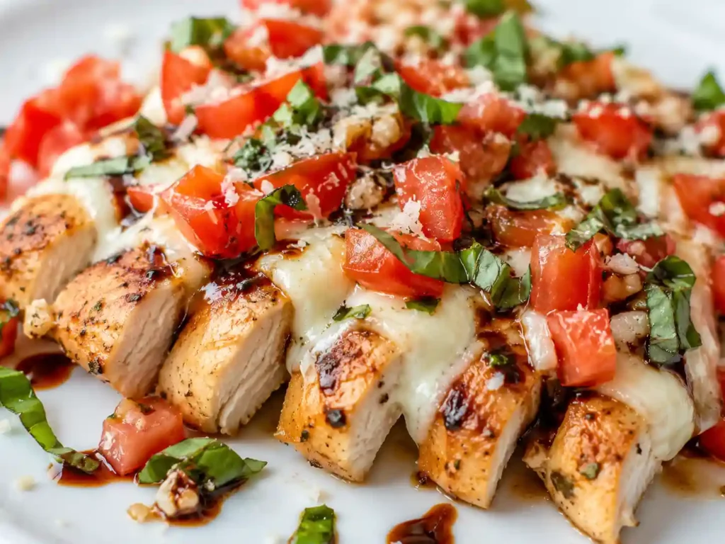 Close-up of bruschetta chicken with melted mozzarella, juicy tomato basil topping, and balsamic glaze.