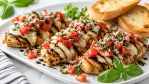 Bruschetta chicken topped with fresh tomatoes, basil, mozzarella, and balsamic glaze on a white serving plate.