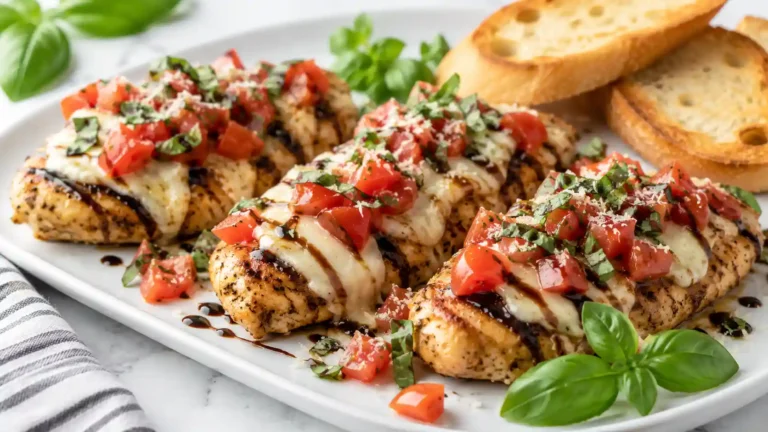 Bruschetta chicken topped with fresh tomatoes, basil, mozzarella, and balsamic glaze on a white serving plate.