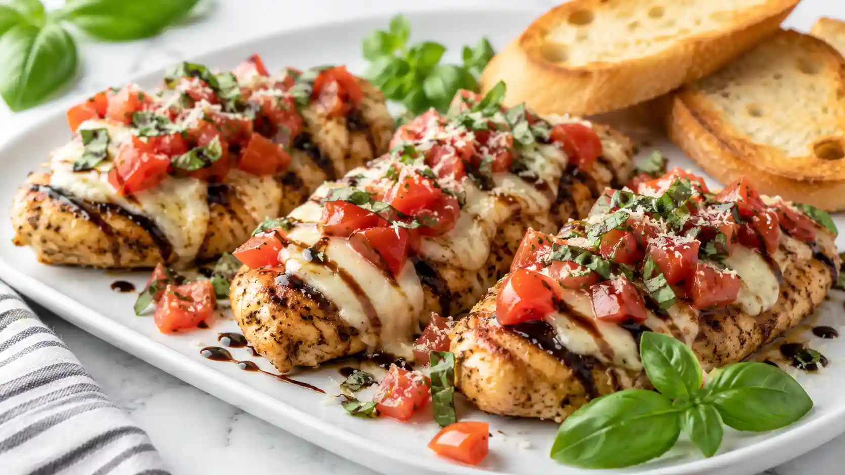 Bruschetta chicken topped with fresh tomatoes, basil, mozzarella, and balsamic glaze on a white serving plate.