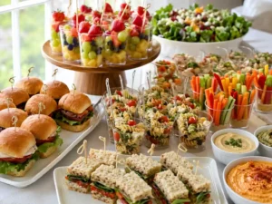 Buffet and finger food ideas with mini sandwiches, appetizer cups, fruit skewers, dips, and pasta cups
