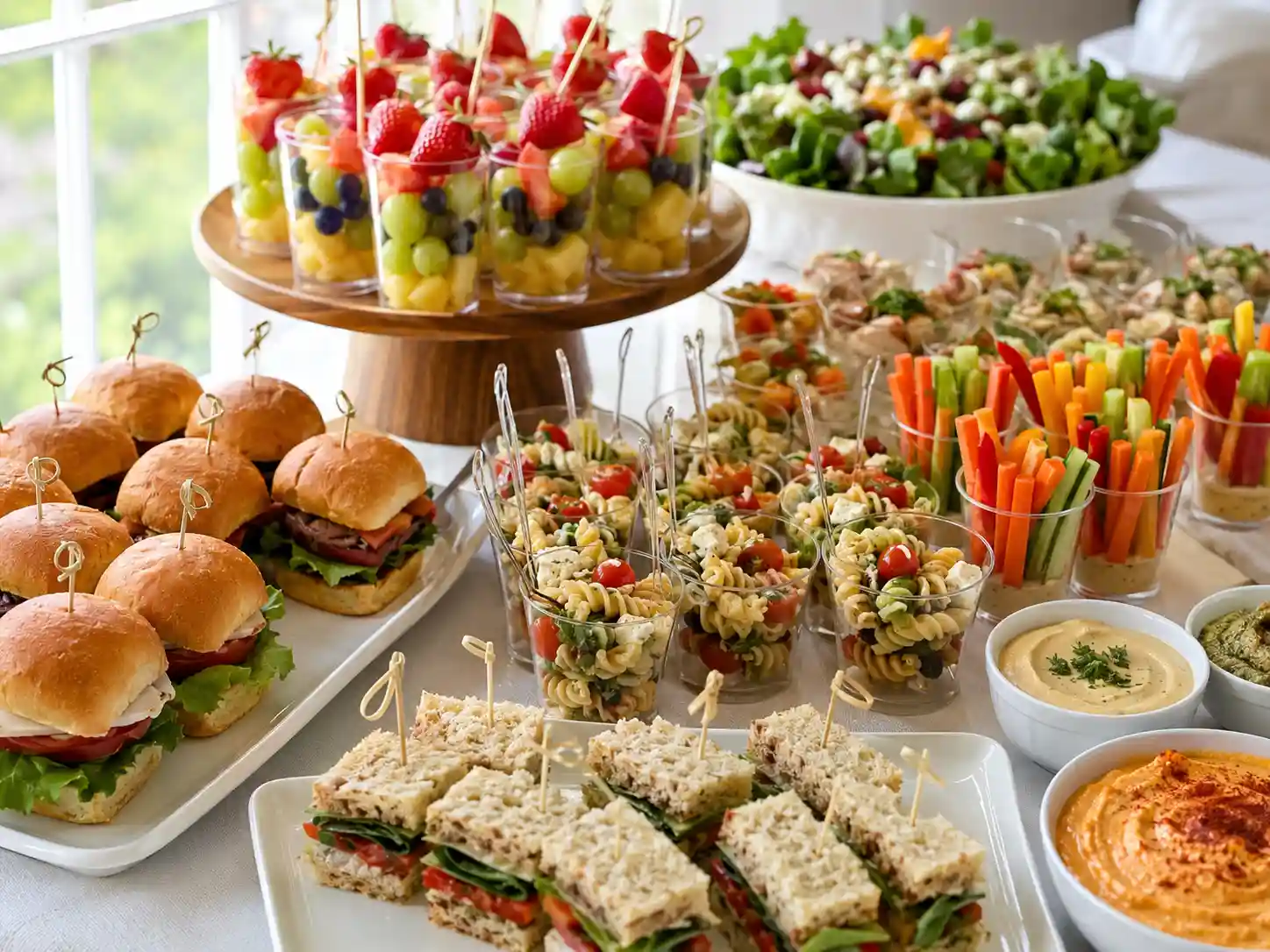 Buffet and finger food ideas with mini sandwiches, appetizer cups, fruit skewers, dips, and pasta cups