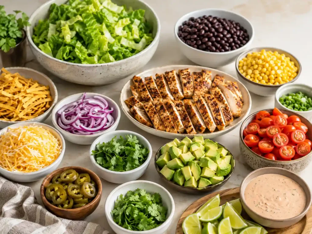 Build-your-own chicken taco salad bar with separate bowls of chicken, romaine, beans, corn, avocado, tomatoes, dressing, and tortilla strips.