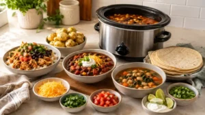Slow cooker family dinner spread with chicken bowls, bean chili, potatoes, tortillas, rice, and simple toppings.