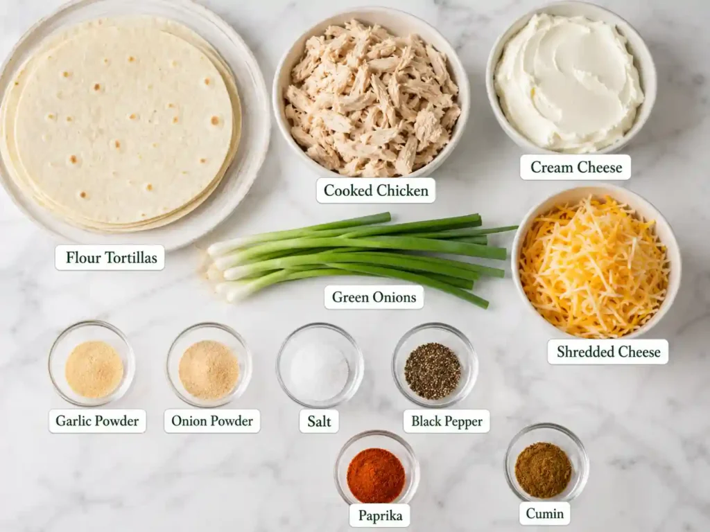 Labeled ingredients for chicken pinwheels including cooked chicken, cream cheese, shredded cheese, tortillas, green onions, and seasonings.
