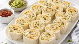 Chicken pinwheels sliced into rounds on a white serving platter with creamy chicken filling inside soft tortillas.