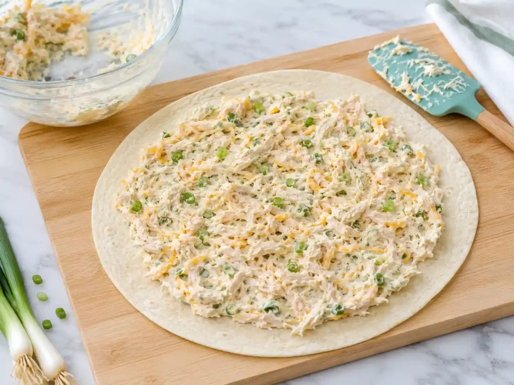 Creamy chicken filling spread evenly over a large flour tortilla on a cutting board.