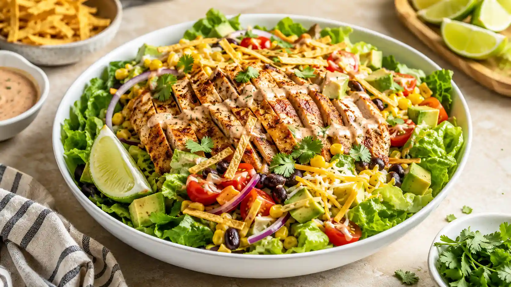 Chicken taco salad with seasoned chicken, romaine lettuce, black beans, corn, avocado, tomatoes, creamy dressing, and tortilla strips.