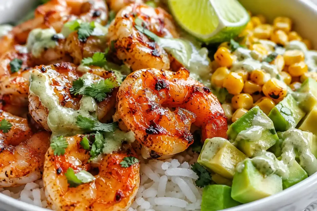 Close-up of juicy chili lime shrimp with avocado corn salsa, rice, cilantro, and creamy lime drizzle