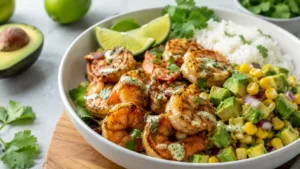Chili lime shrimp bowl with rice, avocado corn salsa, lime wedges, and creamy drizzle