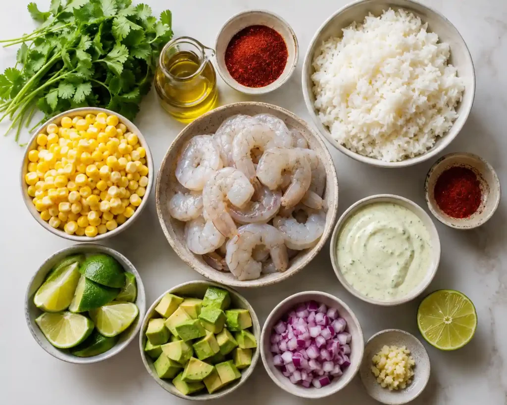 Ingredients for chili lime shrimp bowl including shrimp, rice, avocado, corn, lime, spices, and cilantro
