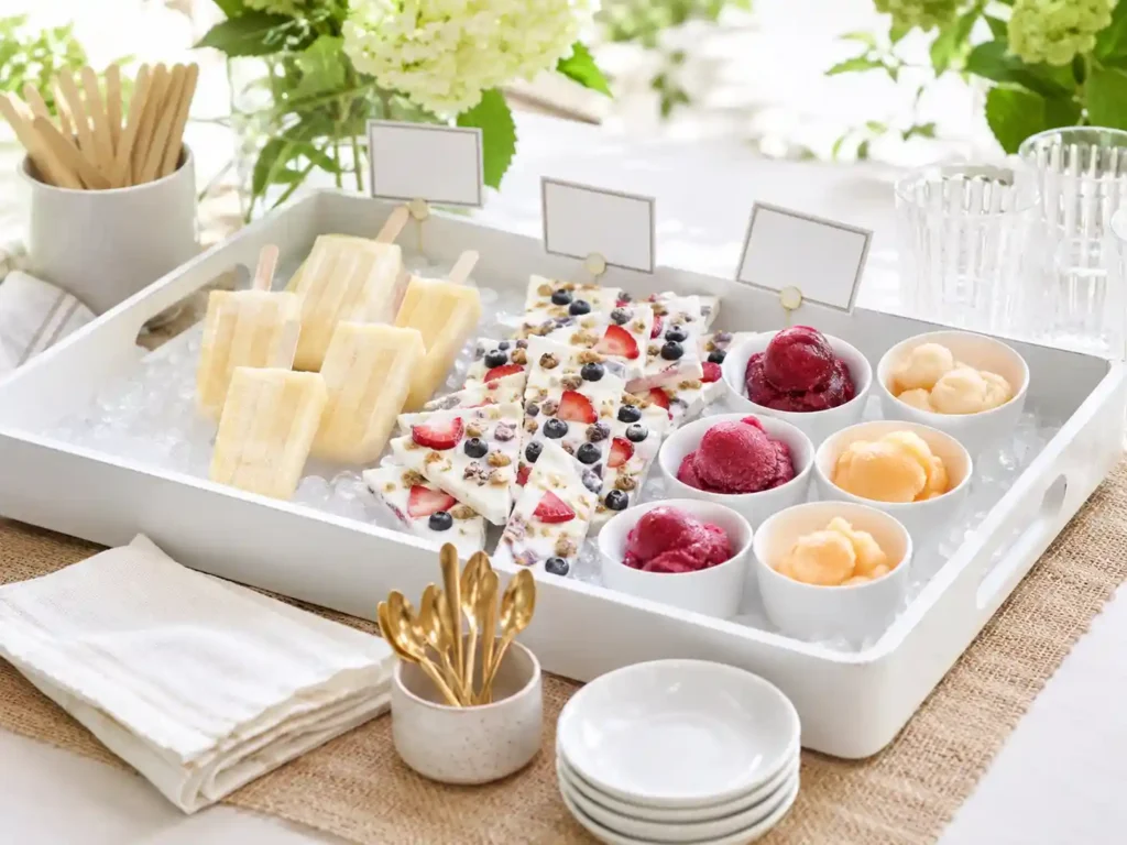 Chilled tray setup with frozen treats, small cups, labels, napkins, and mini spoons for a summer party.